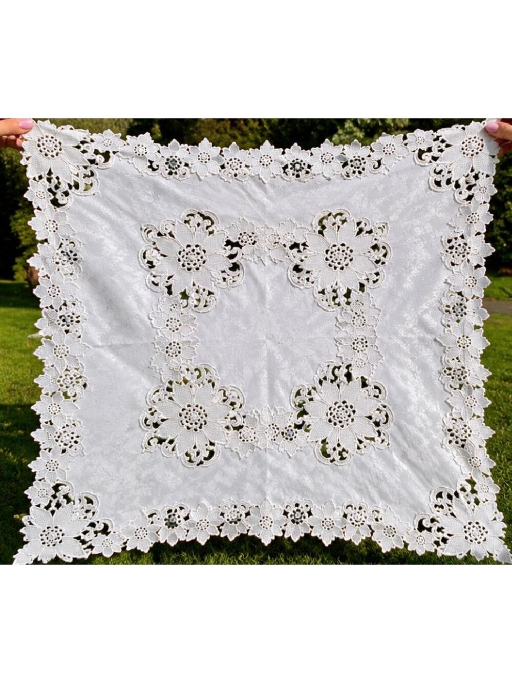 square hand made Vintage Handmade White Cutwork Lace Floral Tablecloth Topper
